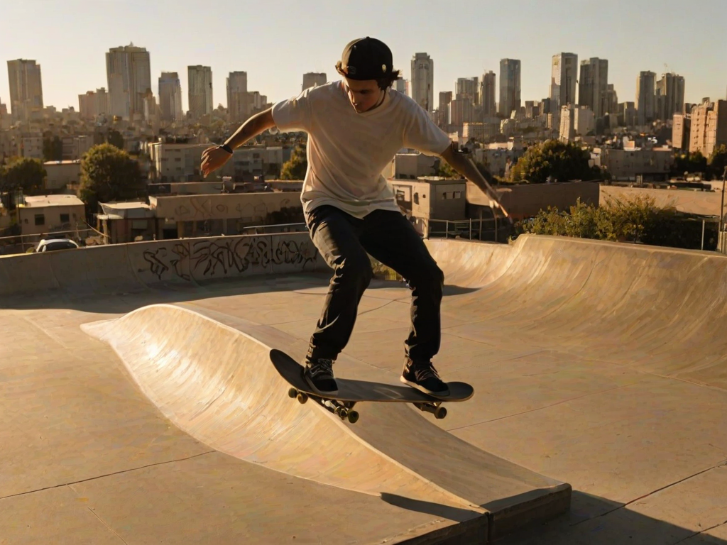 Blurry, dynamic shot of a skateboarder performing a trick off a ramp, soft golden light from the setting sun casting long shadows, with distant city buildings and graffiti-covered walls barely visible in the background.