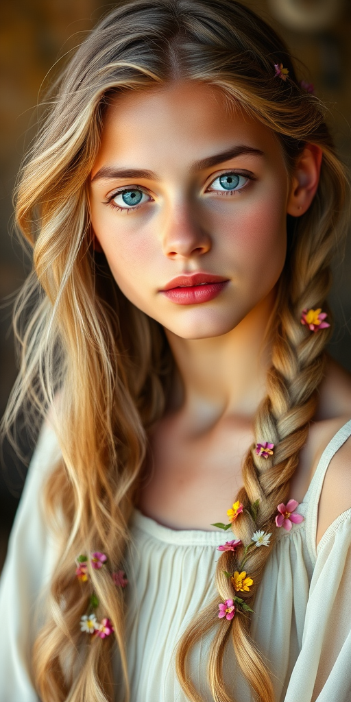 Create an image of a young Guarani woman with long, wavy blonde hair, adorned with small, colorful flowers woven into her braids and loose strands. Her complexion is fair, with soft, glowing skin, and she has light blue eyes that gaze softly at the viewer. She wears a light, flowing dress with a gentle, ethereal quality, complementing her delicate and serene appearance. The background is slightly blurred, drawing focus to her tranquil expression and the intricate details of the flowers in her hair. The overall mood of the image is one of natural beauty and grace, evoking a sense of peacefulness and connection with nature.