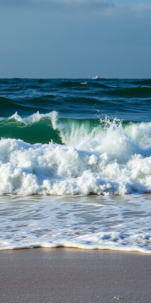 Capture a dramatic seascape with rolling waves crashing onto the shore, using a Canon EOS 5D Mark IV, 24mm lens, f/8 aperture, ISO 100, 1/200s shutter speed, shot at eye level, in natural light to enhance color and clarity.