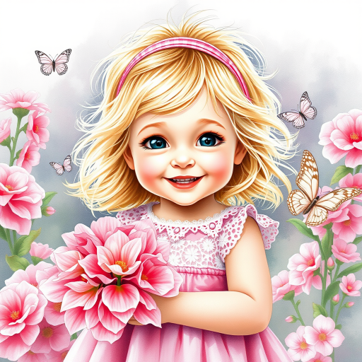 hyperrealism happy smiling toddler girl with messy wavy blonde hair with a headband, she is wearing a pink and white lace dress with pink and white shoes, she is holding a pink bouquet of flowers. Pink flowers and butterflies. summer background. Watercolor Highly detailed