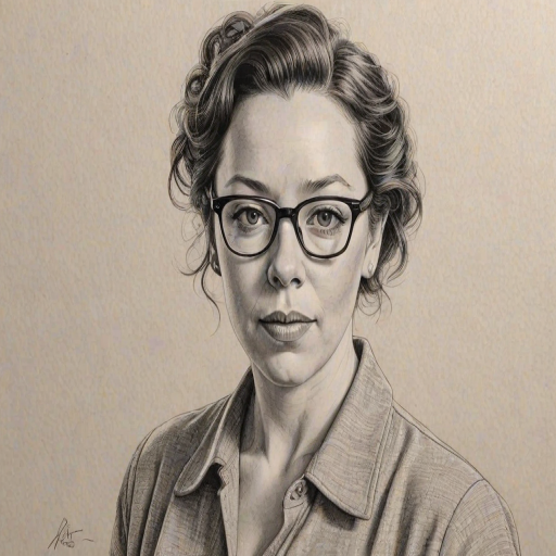 Captivating Olivia Colman, pencil sketch, portrait of Charming woman 1949s in glasses, hair style beatnik, outline, clear lines, fine lines, 8k