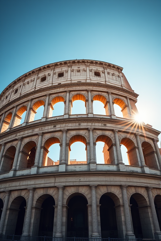 Colosseum in minimalist style, sunlight illuminating the structure, shot from a low angle, aperture f/8, ISO 100, shutter speed 1/250s, using a DSLR camera with a wide-angle lens.