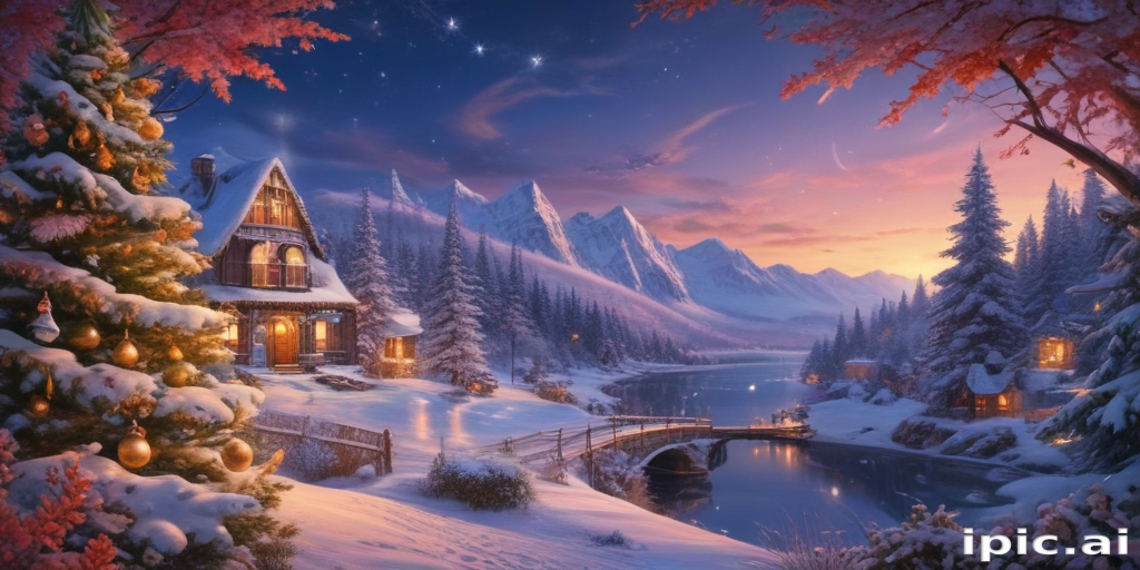 A Serene Winter Landscape with a Cozy Cabin by the River and Snowy ...