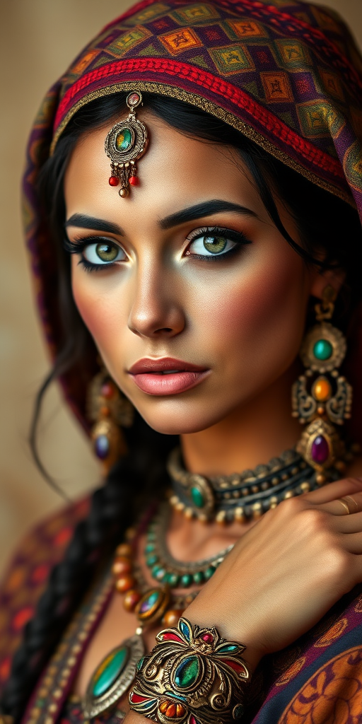 Create a portrait of a beautiful Aztec woman with striking green eyes and a gentle expression. She is adorned in traditional attire with intricate patterns, including a richly embroidered headscarf and matching garments. Her jewelry includes a delicate headpiece, dangling earrings, and ornate bracelets, all featuring vibrant gemstones and detailed metalwork. The background is soft and warm, enhancing the rich colors of her outfit and jewelry.