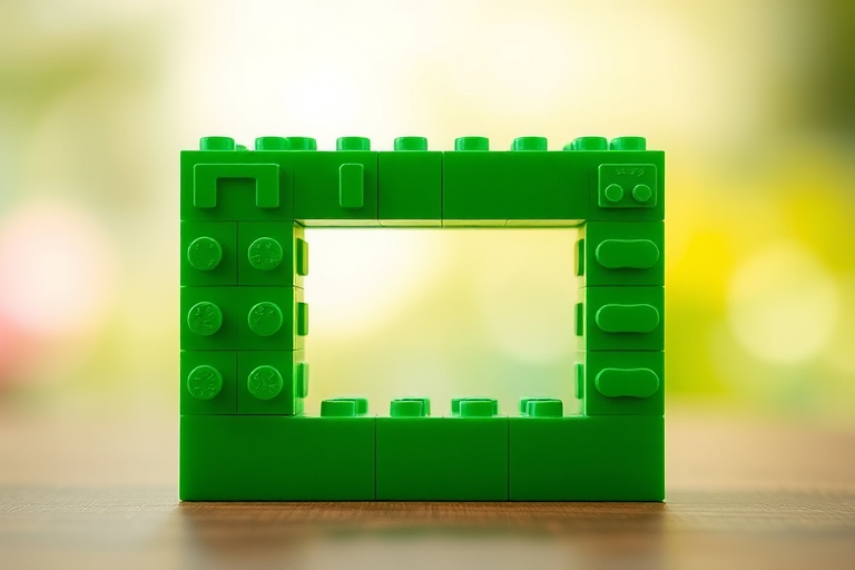 Create a high-resolution image of a 3D green LEGO structure shaped like the letter "C" with a soft focus background, using a Canon EOS R5 at f/8, ISO 100, 50mm lens, with a slight top-down angle to enhance depth.