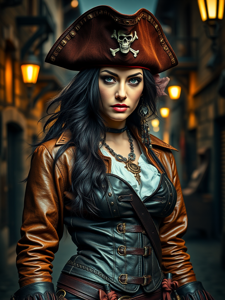 Create a portrait of a fierce female pirate. She wears a leather tricorn hat adorned with a skull and crossbones emblem, and her long, dark hair flows around her face. Her outfit consists of a richly detailed leather jacket, a corset, and multiple layers of belts and accessories, giving her a formidable and stylish appearance. She stands confidently in a dimly lit, historic port town, with a backdrop of weathered buildings and cobblestone streets, capturing the adventurous spirit of a pirate.
