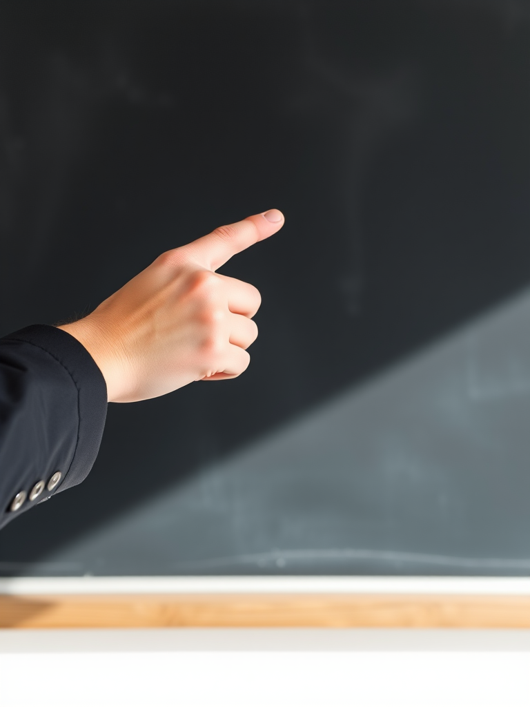 A professional hand pointing at a blank chalkboard surface, captured with a DSLR camera, 50mm lens, f/1.8 aperture, ISO 100, natural lighting, shot in a high-resolution format with a slight vignette effect.
