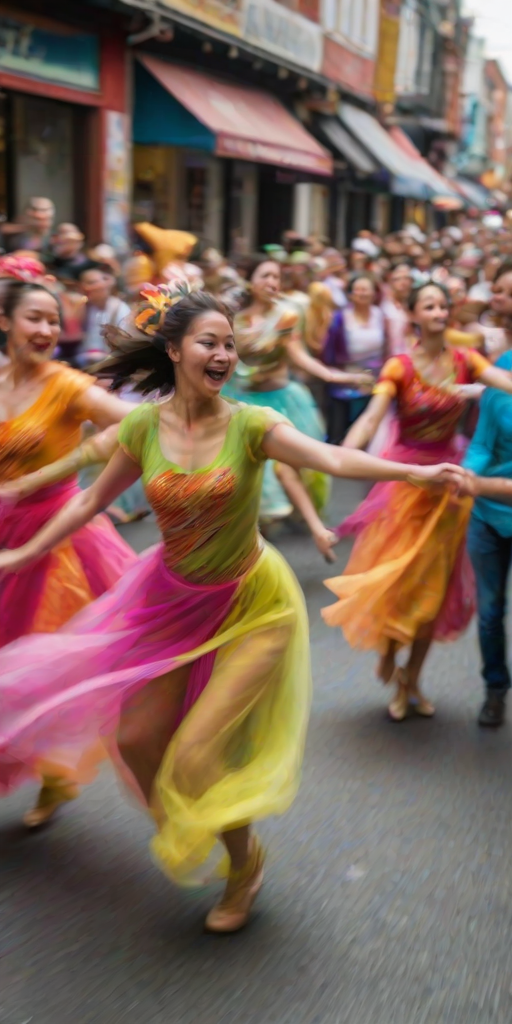 Blurry candid shot of a group of dancers performing in a street festival, bright, colorful costumes swirling in motion, with distant onlookers cheering from the sidelines.