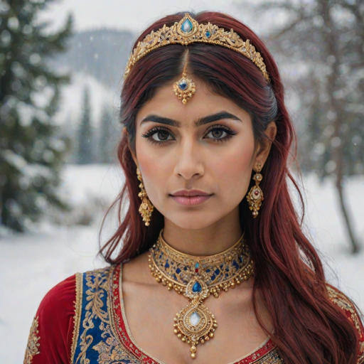 A mia khalifa with long, flowing red hair, wearing a traditional, ornate red and blue costume with gold accents and intricate embroidery, stands facing the viewer in a close-up portrait. Her hair is styled in a high ponytail and adorned with a pair of golden, winged hairpieces. She wears gold earrings and her makeup is accented with light pink blush and a bright red lip. She has a soft and slightly melancholic expression, with her eyes looking directly at the camera. The background is a blurred, out-of-focus snowy landscape, with the woman in the foreground. The lighting is soft and natural, creating a warm, intimate atmosphere. The image is composed using a shallow depth of field, with the woman as the main focal point. The overall style is elegant, delicate, and fairytale-like.