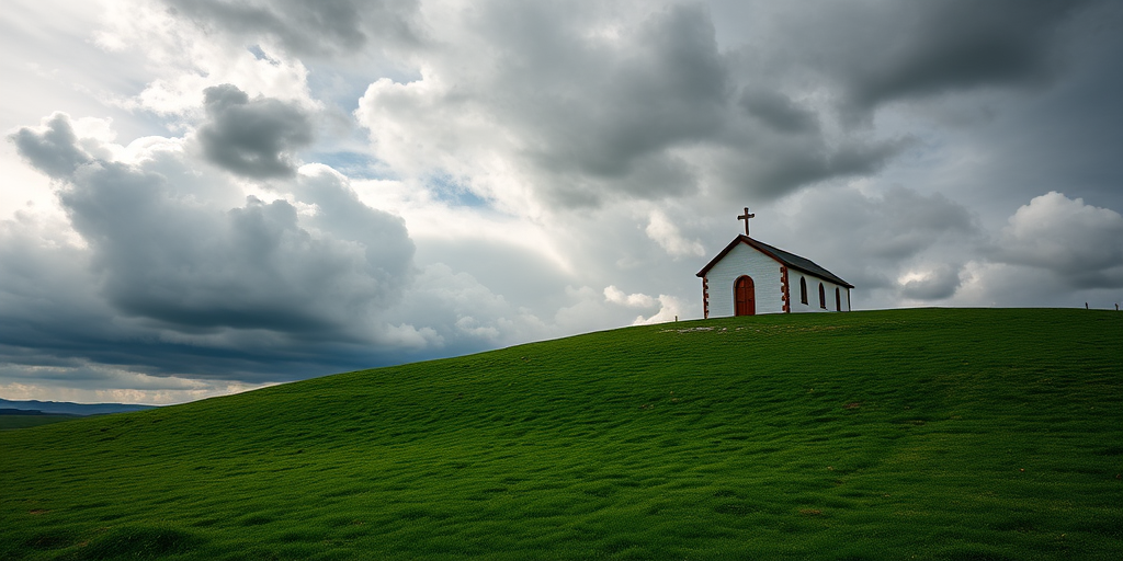 A small chapel on a green hill under a dramatic cloudy sky, captured with a Canon EOS 5D Mark IV, 35mm lens, aperture f/8, shutter speed 1/200s, ISO 100, shot from a low angle to emphasize the structure against the landscape.