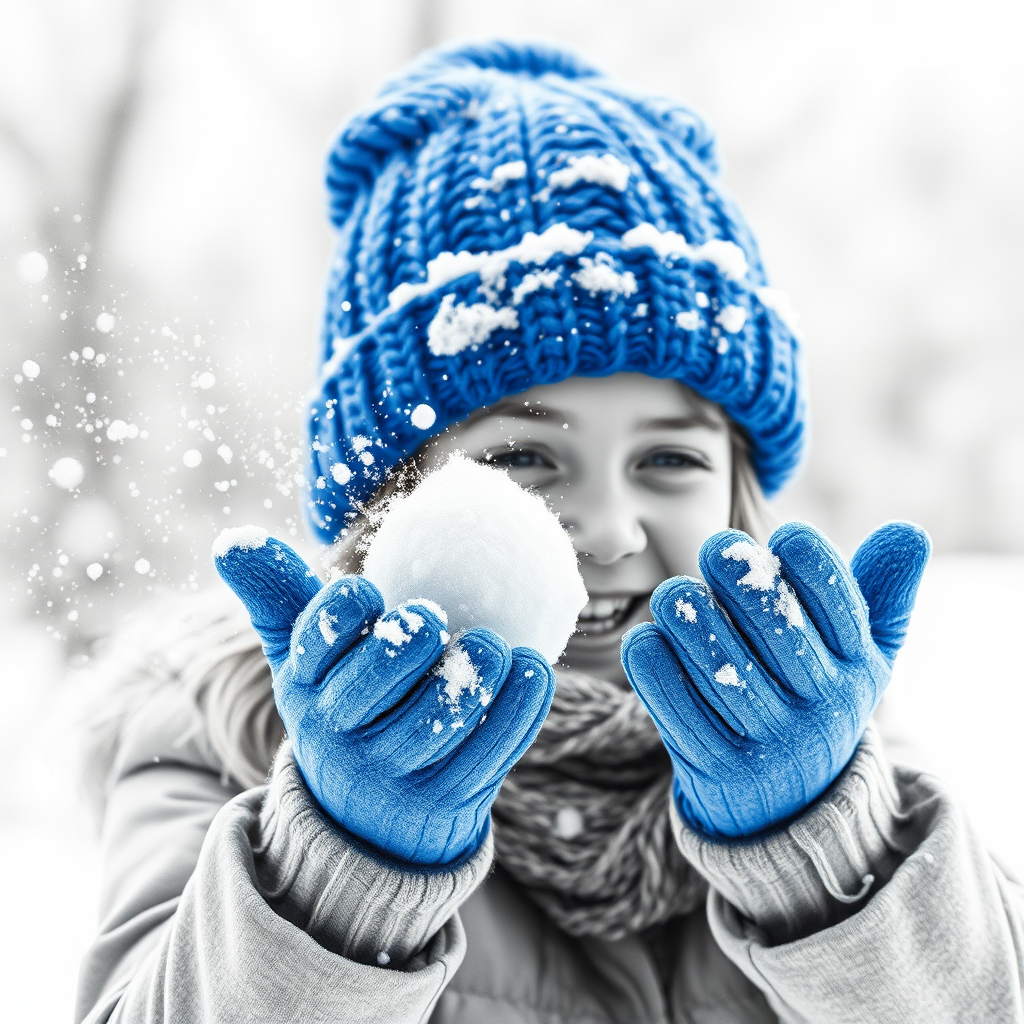 A hyperdetailed photorealistic macro image black and white pencil sketch of a young girl getting hit by a snowball during a snowball fight. She is wearing a brilliant sapphire blue wool beanie and bright blue mittens. She is trying to block the snowball by putting her hands up. The snowball hits her beanie and disintegrates into myriad tiny snowflakes caught with high speed photography. The girl is laughing and having a wonderful time.