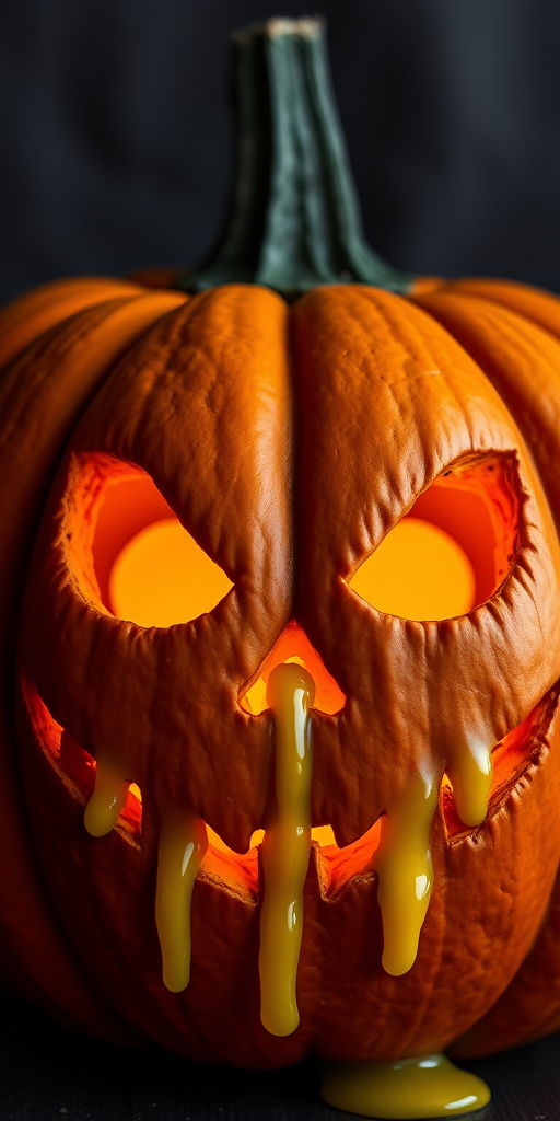 Create a high-resolution image of a spooky pumpkin with a face, featuring dripping yellow goo, using a DSLR camera with a f/2.8 aperture, ISO 400, 50mm lens, soft lighting, and a close-up view to enhance the details and colors.