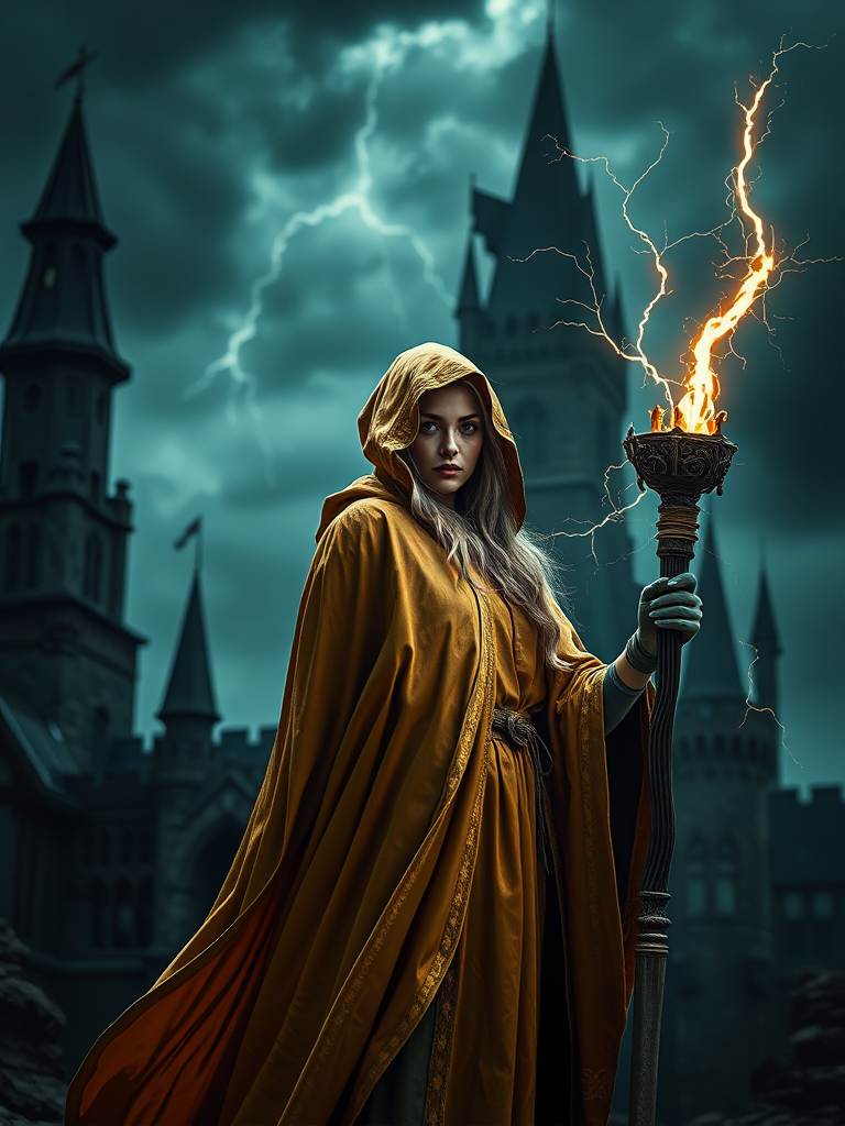Generate a high-resolution fantasy image of a sorceress in a golden cloak, holding a staff with lightning, set against a dark, moody castle backdrop under a stormy sky, captured with a DSLR camera, 50mm lens, aperture f/2.8, ISO 100, with dramatic lighting and enhanced contrasts.