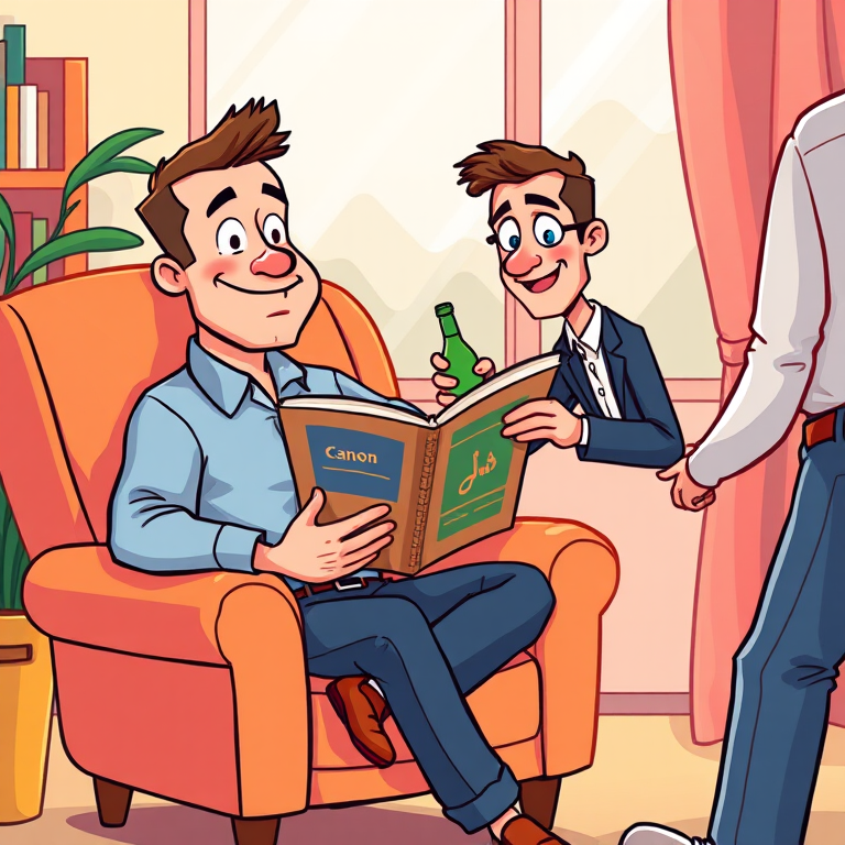 Create a high-resolution cartoon-style illustration of a man sitting in an armchair reading a magazine with a smiling expression, while another man hands him a bottle, using a Canon EOS 5D Mark IV, focal length 50mm, aperture f/2.8, ISO 100, with a vibrant color palette and a playful, light-hearted atmosphere.