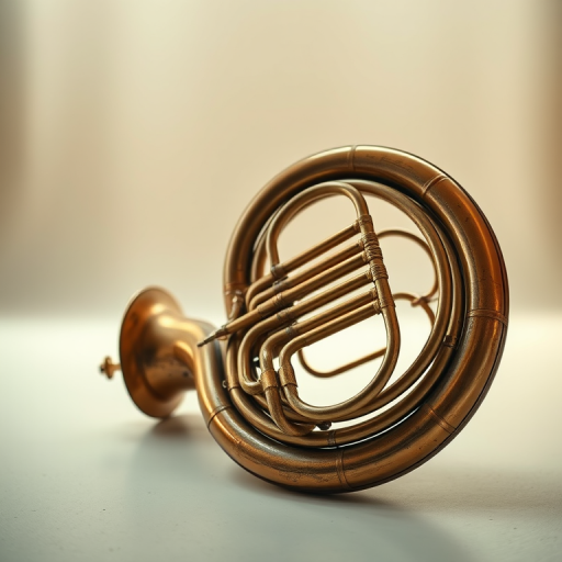 Create a high-resolution image of an antique tuba lying on a flat surface with a soft-focus background, using a DSLR camera, 50mm lens, f/1.8 aperture, ISO 100, and a warm lighting setup to enhance textures and details.