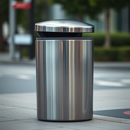 generate a high-resolution image of a modern metallic trash bin positioned at a slight angle, taken with a DSLR camera, 50mm lens at f/2.8, ISO 100, natural lighting, and a shallow depth of field for a blurred background