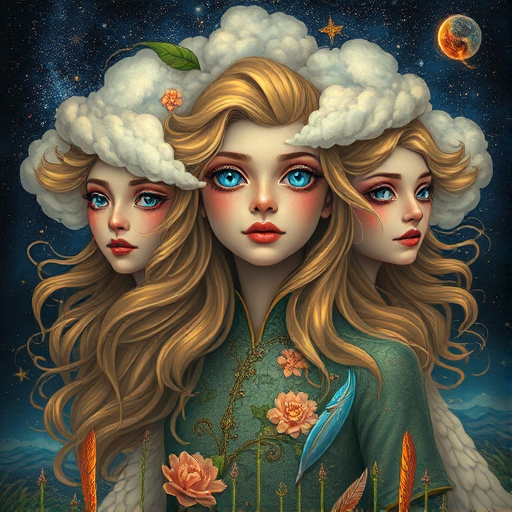 Create a series of imaginative portraits where each subject is infused with elements of fantasy and nature. The hair of the individuals should flow like clouds, varying from soft, fluffy cumulus to wispy cirrus strands, with hints of color reflecting a sunset or a clear blue sky. The eyes should be windows to entire galaxies, with stars, nebulae, and distant planets visible within them. Clothing should be adorned with nature motifs, such as floral patterns that bloom and change, vines that seem to grow and wrap around, or feathers that shimmer with iridescence. Each portrait should capture a unique personality, blending human features with the ethereal beauty of the natural and cosmic world. The backgrounds can vary, from starry night skies to enchanted forests, adding depth and context to the magical realism of the portraits
