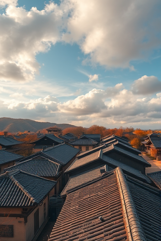 capture a panoramic view of traditional Korean rooftops in a historical village during autumn, with dramatic clouds in the sky, using a DSLR camera with a 24mm lens, aperture f/8, ISO 200, and shutter speed 1/200 sec for enhanced depth and clarity