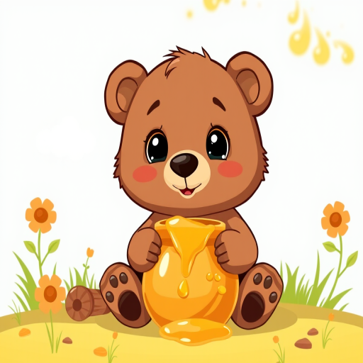 Cartoon-style illustration of a cute brown bear sitting with a honey pot, bright colors, high detail, 4K resolution; camera settings: f/2.8 aperture, ISO 100, shutter speed 1/60s; camera view: frontal close-up; camera style: soft focus; camera type: DSLR.