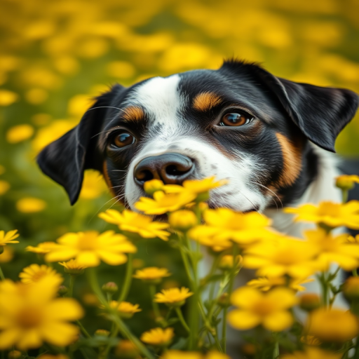 Capture a close-up shot of a black and white dog peeking through vibrant yellow flower field, using a DSLR camera with 50mm lens, aperture f/2.8, shutter speed 1/500s, ISO 200, natural lighting, shallow depth of field, and focus on the dog for enhanced detail and softness in the background.