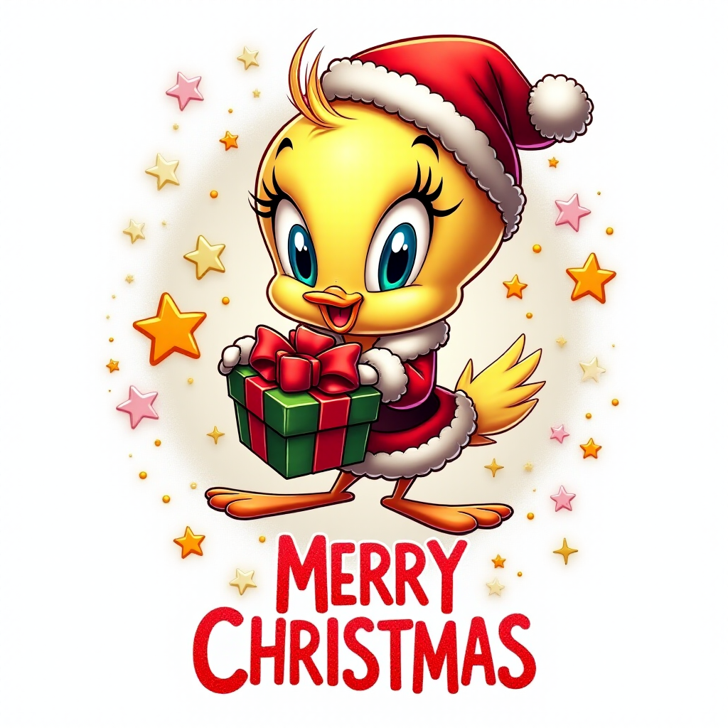 Merry Christmas” cosmic star art tweety bird wearing a Christmas hat and Santa jacket holding gift with a big bow tweety bird is extremely detailed and vibrant behind her is star cosmic design on white background that’s all Christmas colors red green white the words “MERRY CHRISTMAS” is written at the bottom in red electric font outline in black 3000dpi 32k