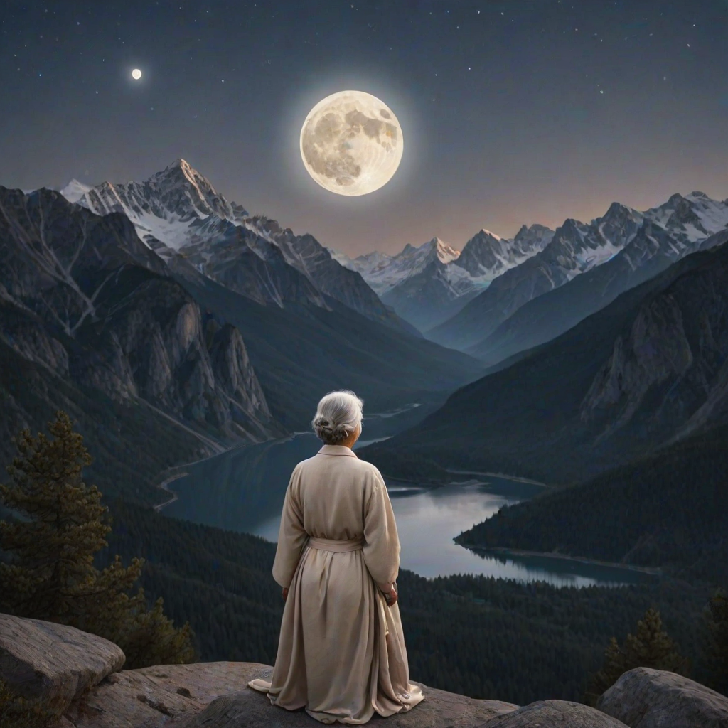 Create a serene night scene with a thoughtful older woman gazing at a full moon over mountains, dressed in elegant, flowing attire, capturing a sense of nostalgia and tranquility.