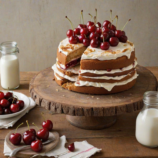 Create an image of a delicious layered cake on a wooden cake stand. The cake should have a light-colored sponge with a visible filling of cherry jam and be frosted with cream. Decorate the top with fresh cherries and a subtle rustic background that enhances the cake's appearance. Include a couple of small bottles of milk nearby for a cozy touch.