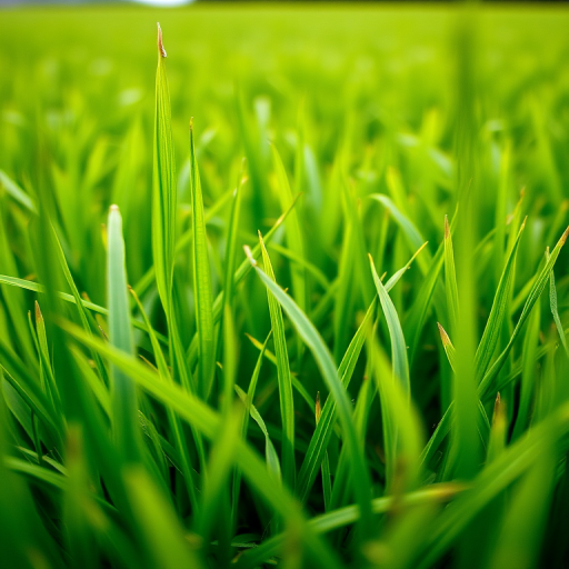 Create a high-resolution image of vibrant green grass with a shallow depth of field, taken from a low angle perspective using a DSLR camera with a 50mm lens at f/2.8, ISO 100, and a shutter speed of 1/200 sec to capture the intricate details and textures.