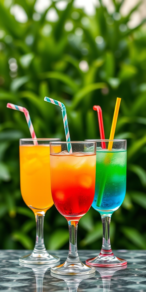 Generate an image of three vibrant, colorful drinks in clear glasses with decorative straws, set against a lush green background, using a DSLR camera with a 50mm lens, f/1.8 aperture, ISO 100, and natural lighting for enhanced depth of field.