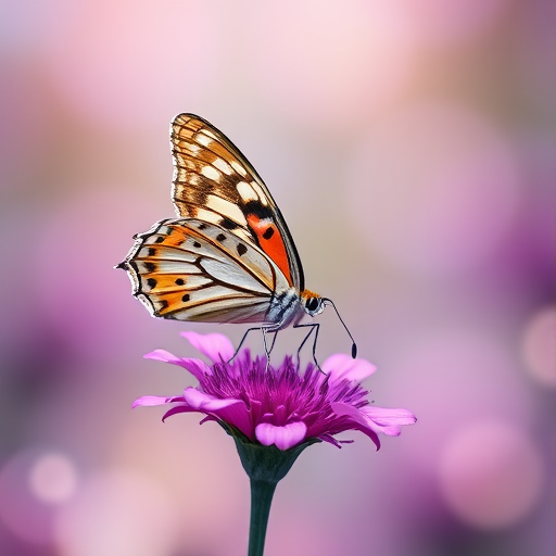 Generate an image of a butterfly resting on a vibrant purple flower. The background should be softly blurred, creating a dreamy atmosphere, with gentle bokeh effects. The butterfly should display intricate patterns and colors, adding to the beauty of the scene.