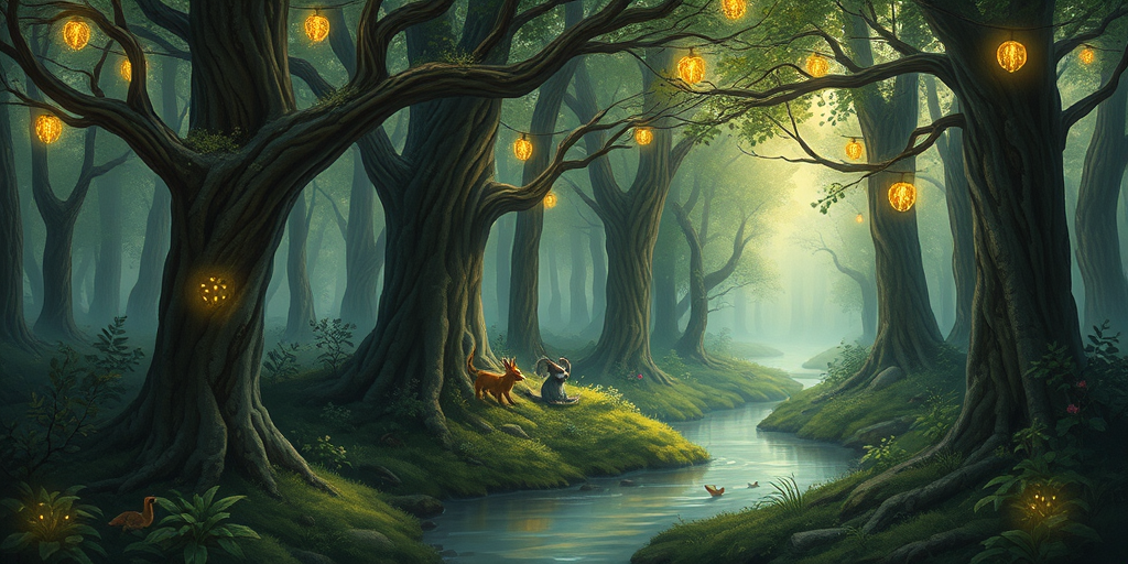 Enchanted forest, filled with towering trees and sparkling fairy lights hanging from branches, a gentle stream flowing through, and small woodland creatures peeking out from behind the foliage.