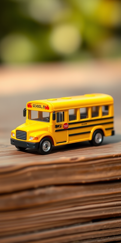 A detailed shot of a yellow school bus toy on a wooden surface, captured at f/2.8 aperture for a shallow depth of field, ISO 200, 1/125s shutter speed, using a DSLR camera with a 50mm lens, side view with soft natural lighting to enhance colors and texture.