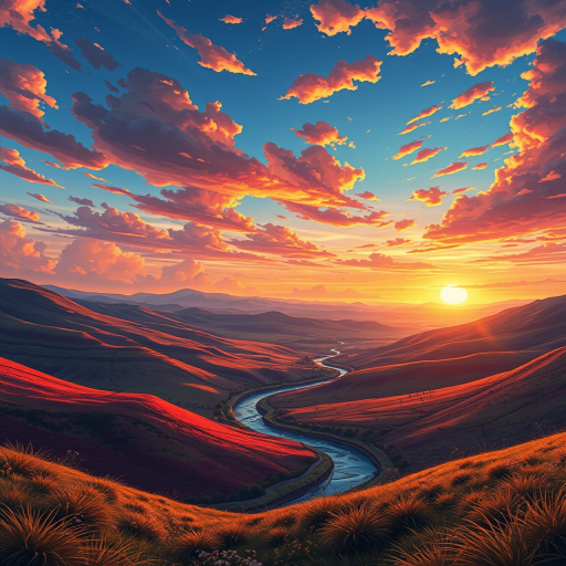 Create a detailed illustration of a fantastical landscape featuring a vibrant sunset over rolling hills with a meandering river, captured with a DSLR camera set to f/8, ISO 200, 1/250 sec, shot from a wide-angle perspective, utilizing a soft-focus technique for a dreamy effect.