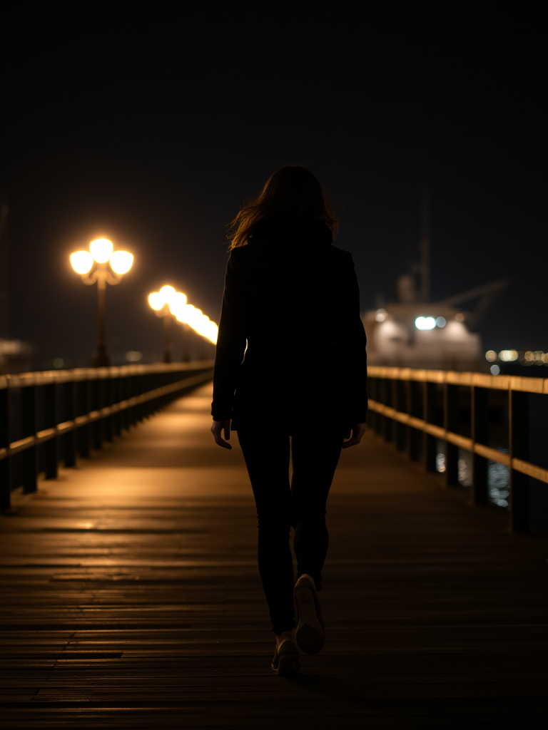 Woman walking along a pier at night, the soft glow of lamplight reflecting off the water, her footsteps echoing as she takes in the peaceful surroundings.