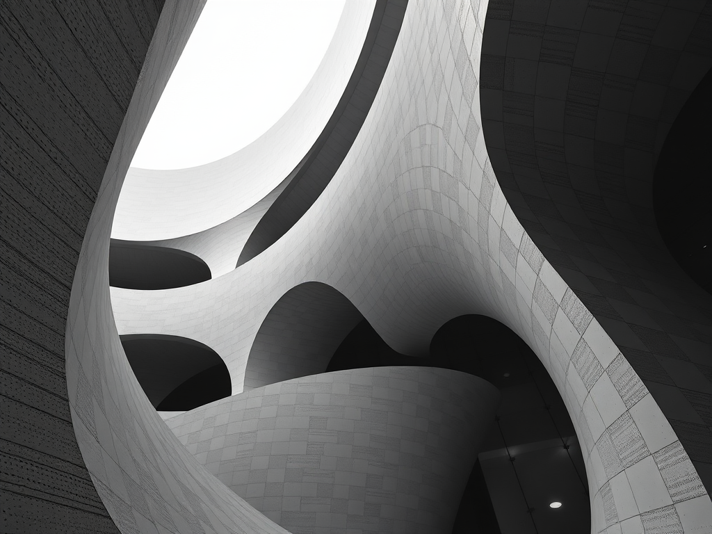 Create a high-resolution image of abstract architecture featuring curved and textured surfaces in black and white, shot with a Canon EOS R5 at f/8, ISO 100, with a 24mm wide-angle lens, using a low-angle view to emphasize the dimensionality and patterns of the structures.