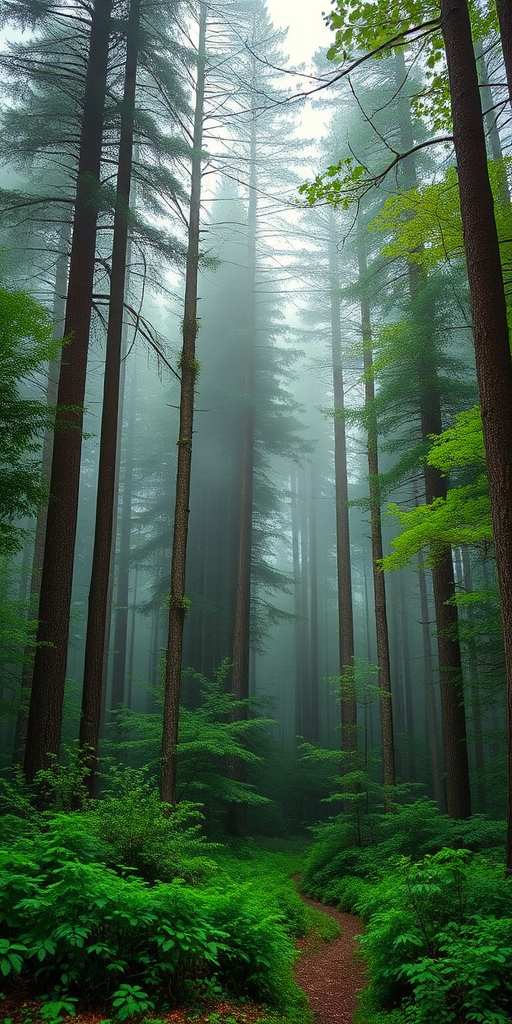 capture a dense forest with mist rising among tall trees and lush greenery, taken with a Canon EOS 5D Mark IV at f/2.8, ISO 100, 1/250 sec, viewpoint at eye level to emphasize depth and vibrancy, using a wide-angle lens for enhanced clarity and detail
