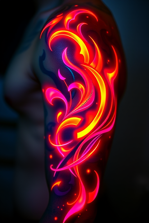 Neon color tattoo called "Electric Dreams" showcasing bright, glowing colors that seem to pulse with energy, depicting abstract shapes and swirls that appear to illuminate the skin like a neon sign