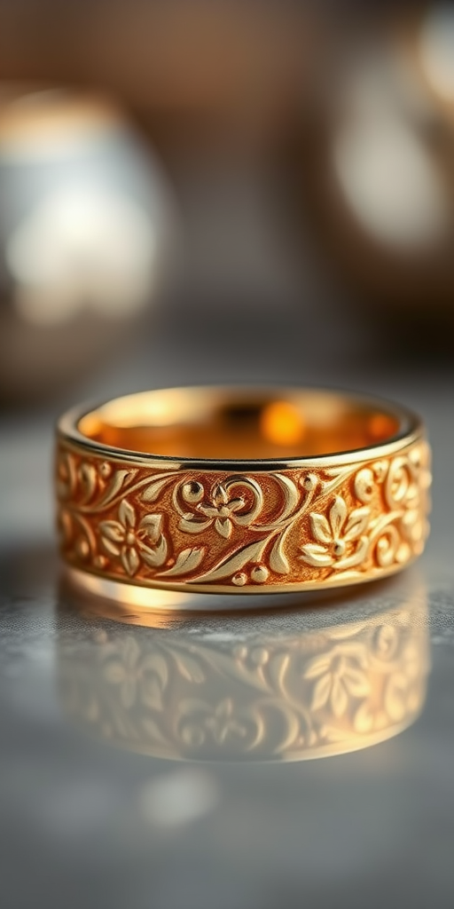 Create a high-resolution close-up image of a gold ring with intricate floral engravings, captured using a DSLR camera with a 50mm lens, aperture set to f/1.8, ISO 100, and a soft, diffused lighting setup to enhance reflections and details.