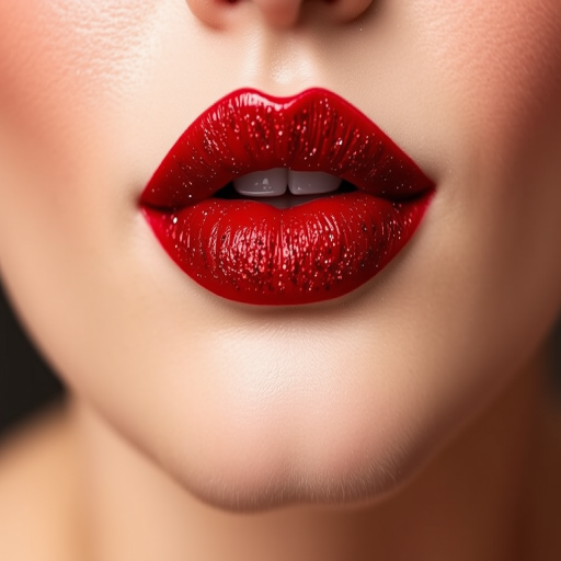 Glitter-infused ruby red lips dubbed "Sparkling Siren" combine classic glamour with modern sparkle, ideal for holiday parties and special occasions
