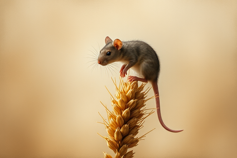 Soft, muted Alcohol Ink with ebru effect background image of tiny whimsical rat, who climbed high on the top of a golden rye ear.