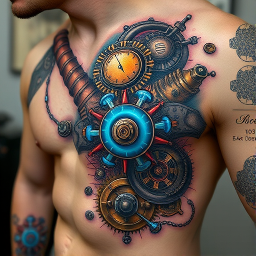 Captivating "Steampunk Biomechanical" tattoo blends organic forms with mechanical elements in a unique and intricate design. Copper and brass tones create a vintage industrial feel, while pops of electric blue represent energy flowing through gears and pistons. Highly detailed shading and highlights bring depth and realism to this fusion of man and machine.