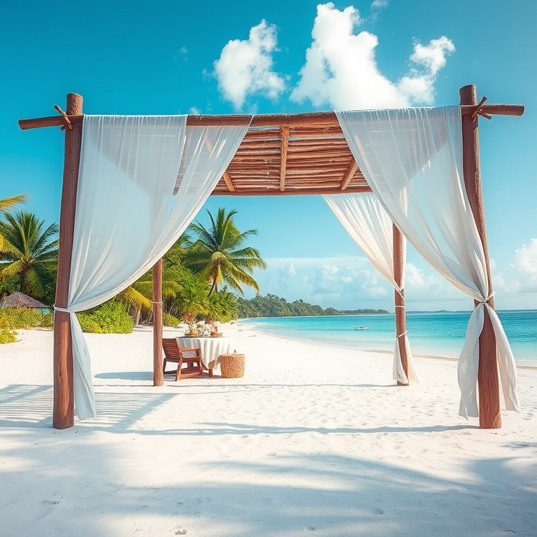 Create a picturesque tropical beach scene featuring a serene, white sandy shore. In the foreground, there's a rustic wooden canopy with white drapes gently flowing in the breeze. Underneath the canopy, a table is set with tropical decor, evoking a sense of relaxation and leisure. The beach extends into a calm, shallow water area with reflections of the sky and surroundings. Palm trees and lush greenery line the edge of the beach, providing a natural, tropical backdrop. The sky is clear with a few scattered clouds, and the overall atmosphere is tranquil and inviting, perfect for a peaceful retreat.