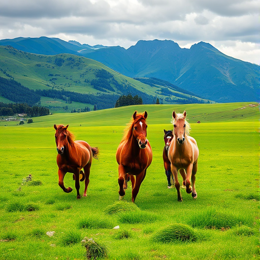 a group of horses running through a lush green field with mountains in the background, high dynamic range, aperture f/4, shutter speed 1/1000s, ISO 200, 24mm lens, taken with a DSLR camera in landscape orientation, vibrant colors and sharp focus on the horses