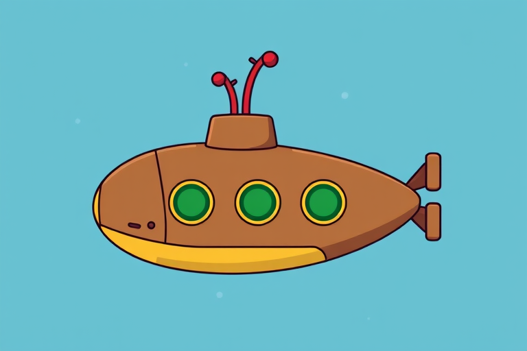Create a high-resolution vector illustration of a cartoon submarine with a red periscope, three green windows, and a brown body, using a DSLR camera set to f/8, ISO 100, with a 50mm lens at eye level for a clean, crisp look.