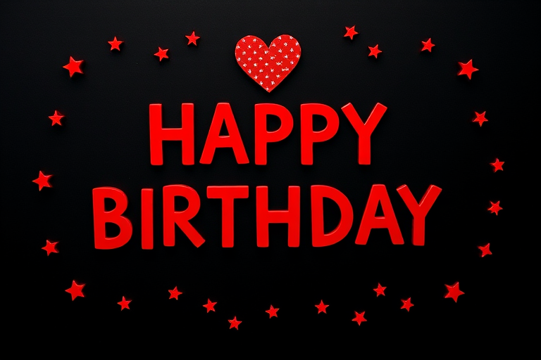 Create an image of a birthday greeting with bold red text saying "HAPPY BIRTHDAY" framed with a heart, surrounded by small red stars on a black background, shot with a DSLR camera, aperture f/2.8, ISO 100, 50mm lens, top-down view, vibrant color profile.