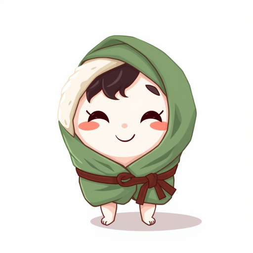 Create a cute cartoon illustration of a smiling rice ball character wrapped in a green cloth with a brown belt, using a DSLR camera, aperture f/2.8, ISO 200, 50mm lens, and soft natural lighting to enhance color vibrancy and details.