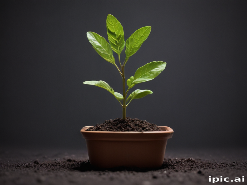 Fresh Green Plant Growing in a Pot with Rich Dark Soil