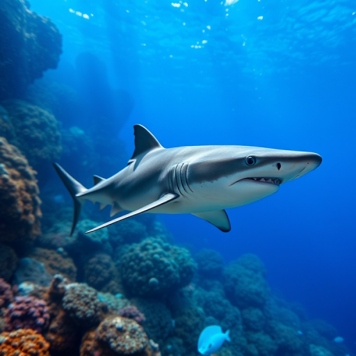 capture a sleek shark gliding gracefully underwater in a vibrant marine setting, using a Canon EOS R5 with a 15-35mm lens set at f/8, ISO 200, 1/200s, underwater view, wide-angle style, high-resolution image