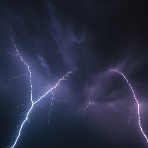 Create a high-contrast image of dramatic lightning bolts against a dark stormy sky, captured with a DSLR camera at ISO 800, f/8 aperture, 1/500s shutter speed, shot from a low angle for a dynamic perspective.