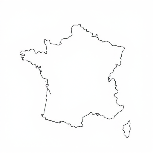 Generate a high-resolution outline of France with sharp edges, using a Canon EOS R5 camera, 50mm lens, f/8 aperture, ISO 100, and a top-down view, in a minimalist style for enhanced clarity.
